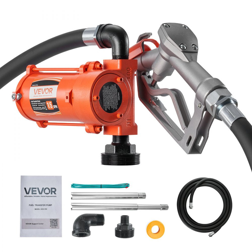 VEVOR Fuel Transfer Pump, 12V DC 15 GPM, Cast Iron Diesel Transfer Pump Kit, with Manual Nozzle, Discharge Hose