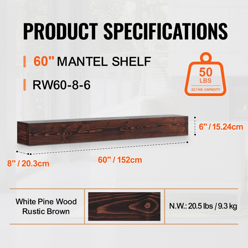 VEVOR Fireplace Mantel, 60" x 8" x 6", 50 lbs Weight Capacity, Natural Wood Mantel for Over Fireplace, Wall Mounted