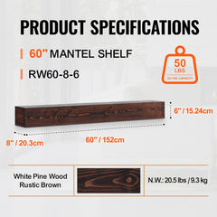VEVOR Fireplace Mantel, 60" x 8" x 6", 50 lbs Weight Capacity, Natural Wood Mantel for Over Fireplace, Wall Mounted
