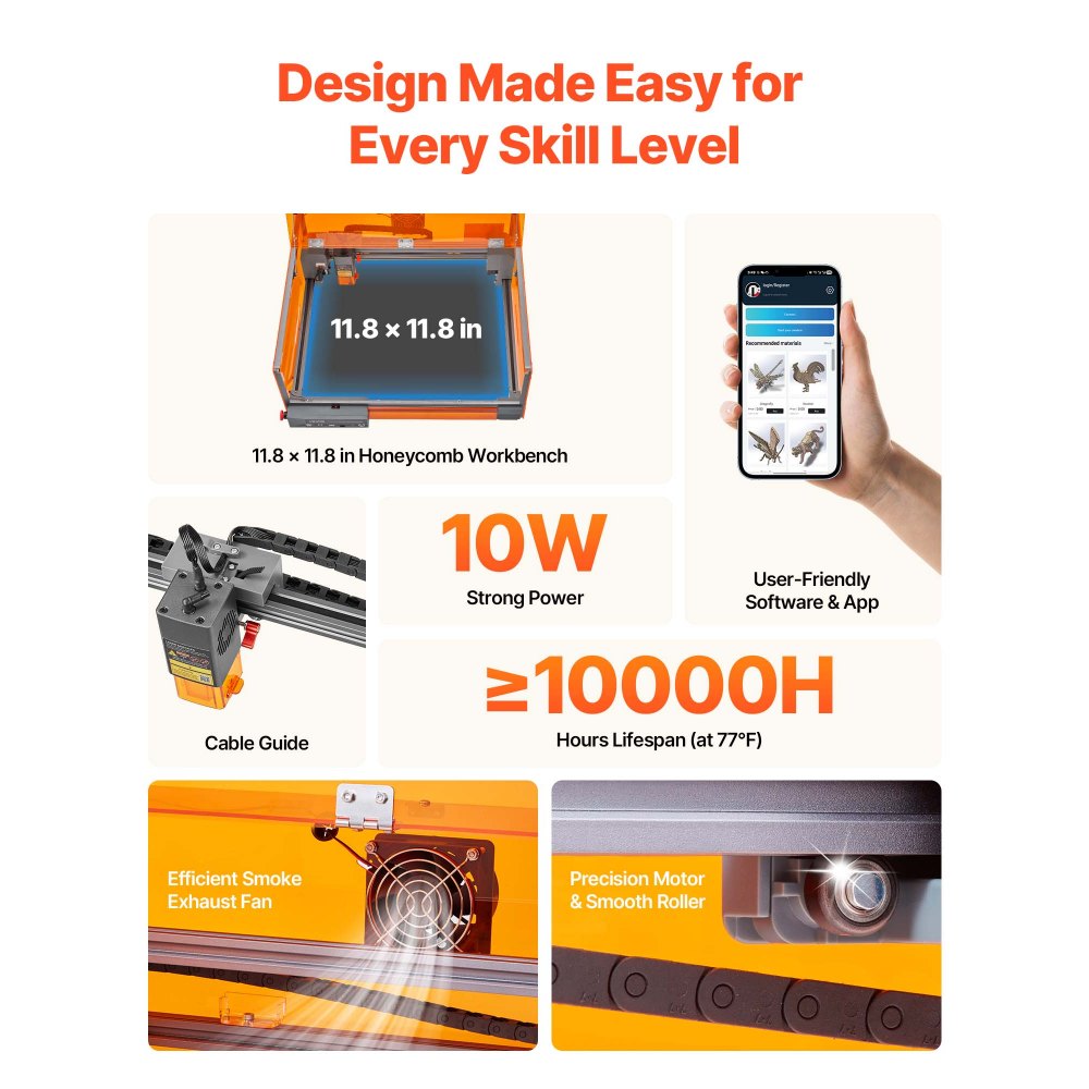 VEVOR Laser Engraver, 10W, Laser Engraving and Cutting Machine with Enclosure, Laser Cutter Engraver Machine, 11.8 x