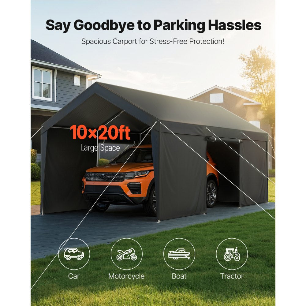 VEVOR Carport, 10 x 20 FT Outdoor Car Canopy, Potable Carport with Removable Sidewalls & Door, Heavy Duty Car Shelter