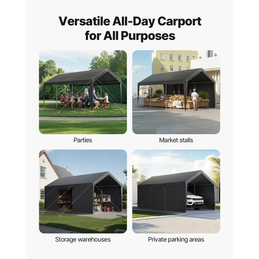 VEVOR Carport, 10 x 20 FT Outdoor Car Canopy, Potable Carport with Removable Sidewalls & Door, Heavy Duty Car Shelter