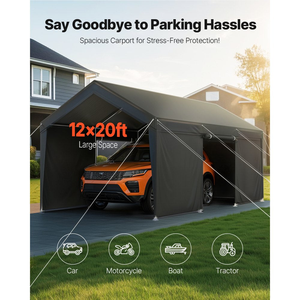 VEVOR Carport, 12 x 20 FT Outdoor Car Canopy, Potable Carport with Removable Sidewalls & Door, Heavy Duty Car Shelter