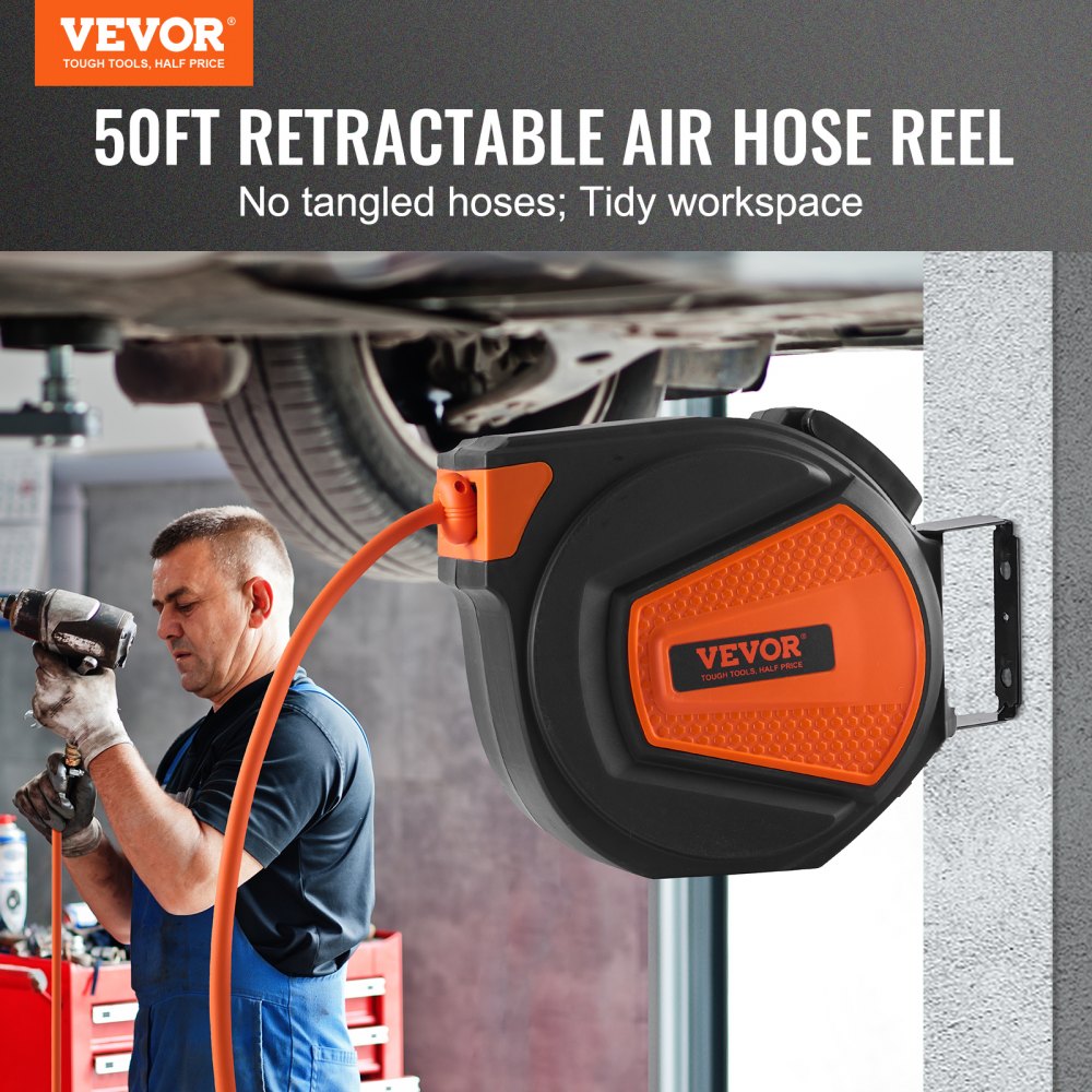 VEVOR Retractable Air Hose Reel, 3/8 IN x 50 FT Hybrid Air Hose Max 300PSI, Air Compressor Hose Reel with 5 In Lead in
