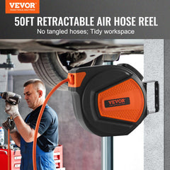 VEVOR Retractable Air Hose Reel, 3/8 IN x 50 FT Hybrid Air Hose Max 300PSI, Air Compressor Hose Reel with 5 In Lead in