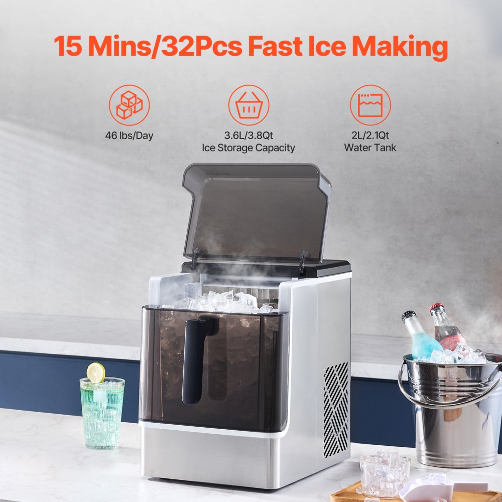 VEVOR Countertop Ice Maker, 32 Cubes Ready in 15 Mins, 46lbs in 24Hrs, Self-Cleaning Portable Ice Maker with Convenient