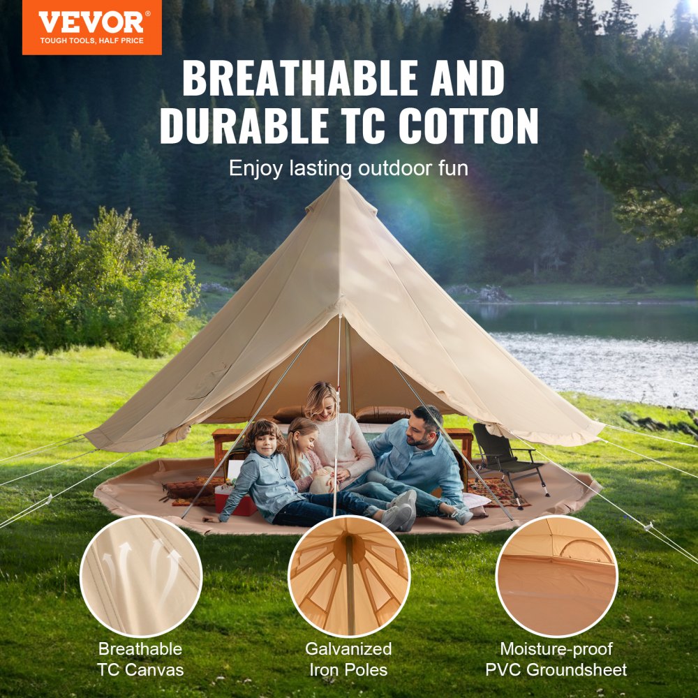 VEVOR Canvas Bell Tent, 4 Seasons 3 m/9.8ft Yurt Tent, Canvas Tent for Camping with Stove Jack, Breathable Tent Holds