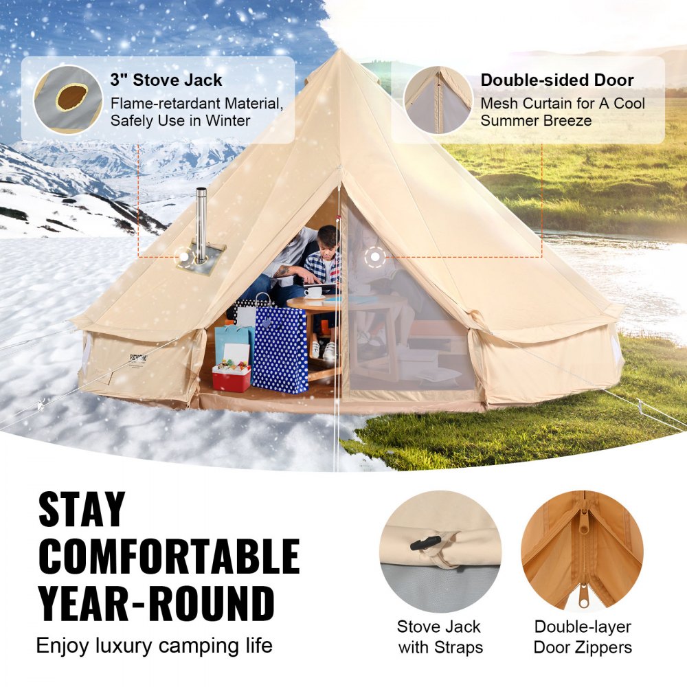 VEVOR Canvas Bell Tent, 4 Seasons 3 m/9.8ft Yurt Tent, Canvas Tent for Camping with Stove Jack, Breathable Tent Holds