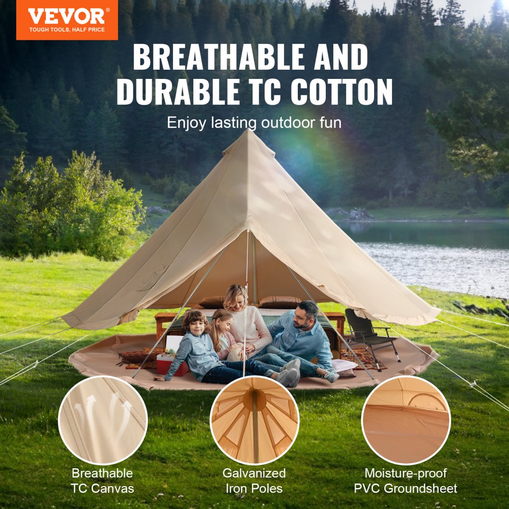 VEVOR Canvas Bell Tent, 4 Seasons 4 m/13.12 ft Yurt Tent, Canvas Tent for Camping with Stove Jack, Breathable Tent