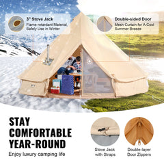 VEVOR Canvas Bell Tent, 4 Seasons 4 m/13.12 ft Yurt Tent, Canvas Tent for Camping with Stove Jack, Breathable Tent