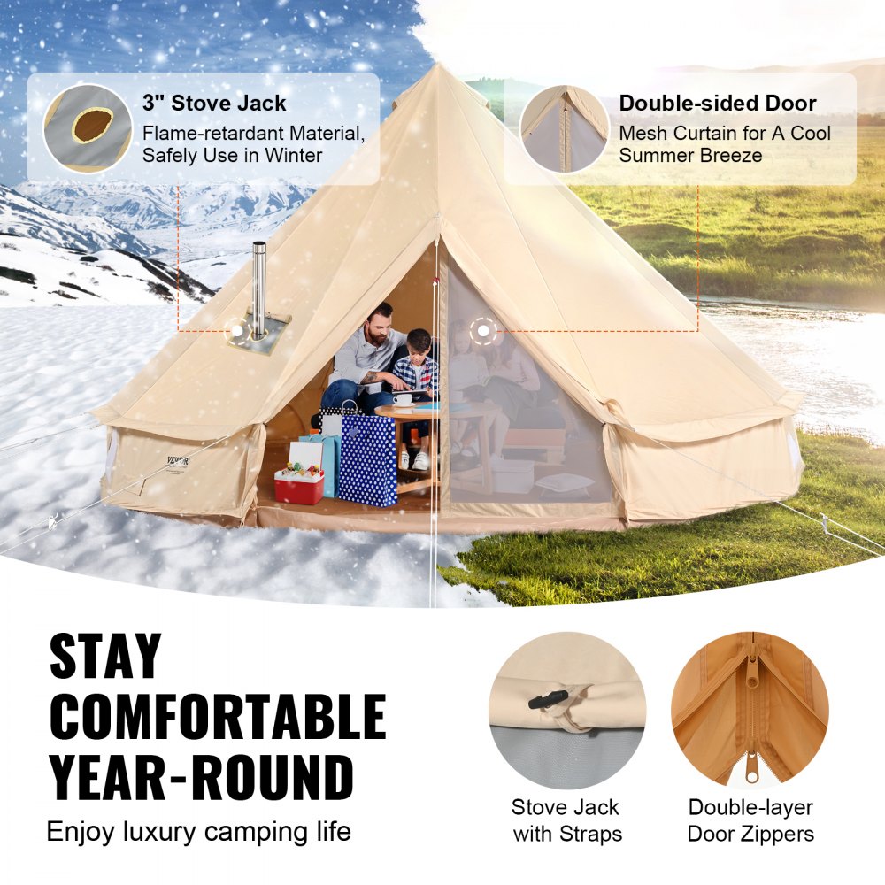 VEVOR Canvas Bell Tent, 4 Seasons 5 m/16.4 ft Yurt Tent, Canvas Tent for Camping with Stove Jack, Breathable Tent Holds