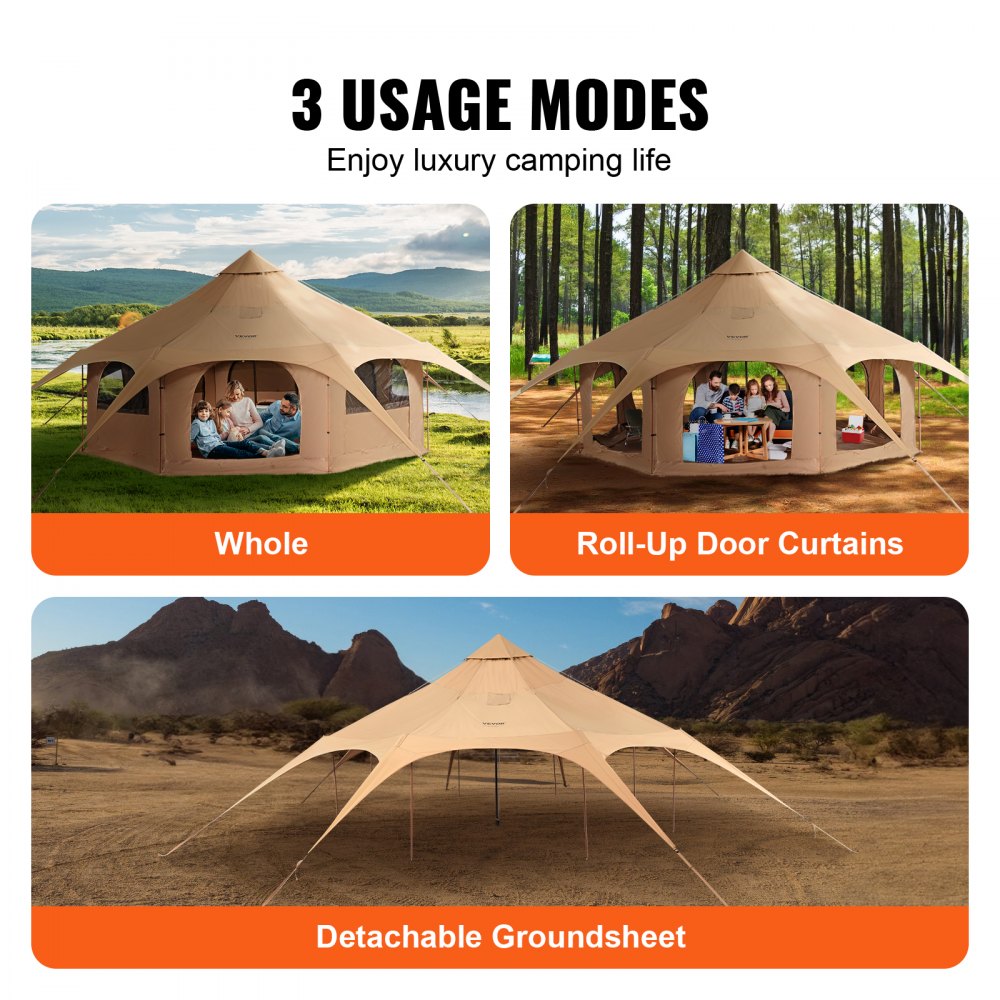 VEVOR Canvas Tent, 4 Seasons 5 m/16.4 ft Bell Tent, Canvas Tent for Camping with Stove Jack, Breathable Yurt Tent for