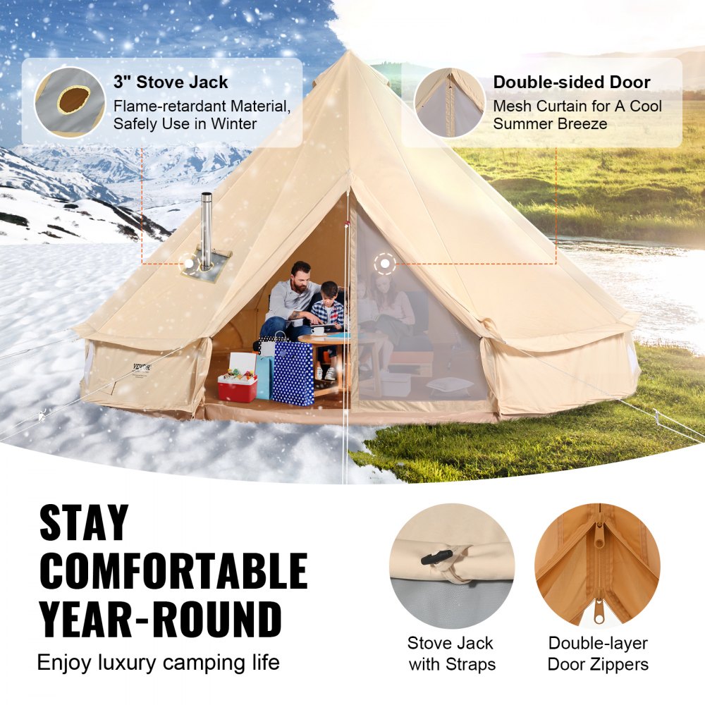 VEVOR Canvas Bell Tent, 4 Seasons 7 m/22.97 ft Yurt Tent, Canvas Tent for Camping with Stove Jack, Breathable Tent