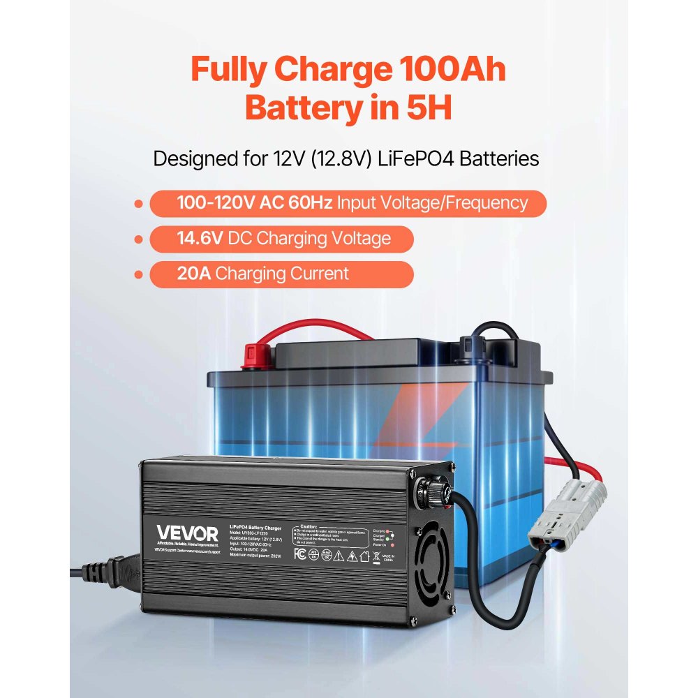 VEVOR 12V 20A Lithium Battery Charger, 14.6V, AC-DC LiFePO4 Smart Charger, with Anderson Connector, LED Indicator, 0V