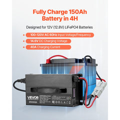 VEVOR 12V 40A Lithium Battery Charger, 14.6V, AC-DC LiFePO4 Smart Charger, with Anderson Connector, LED Indicator, 0V