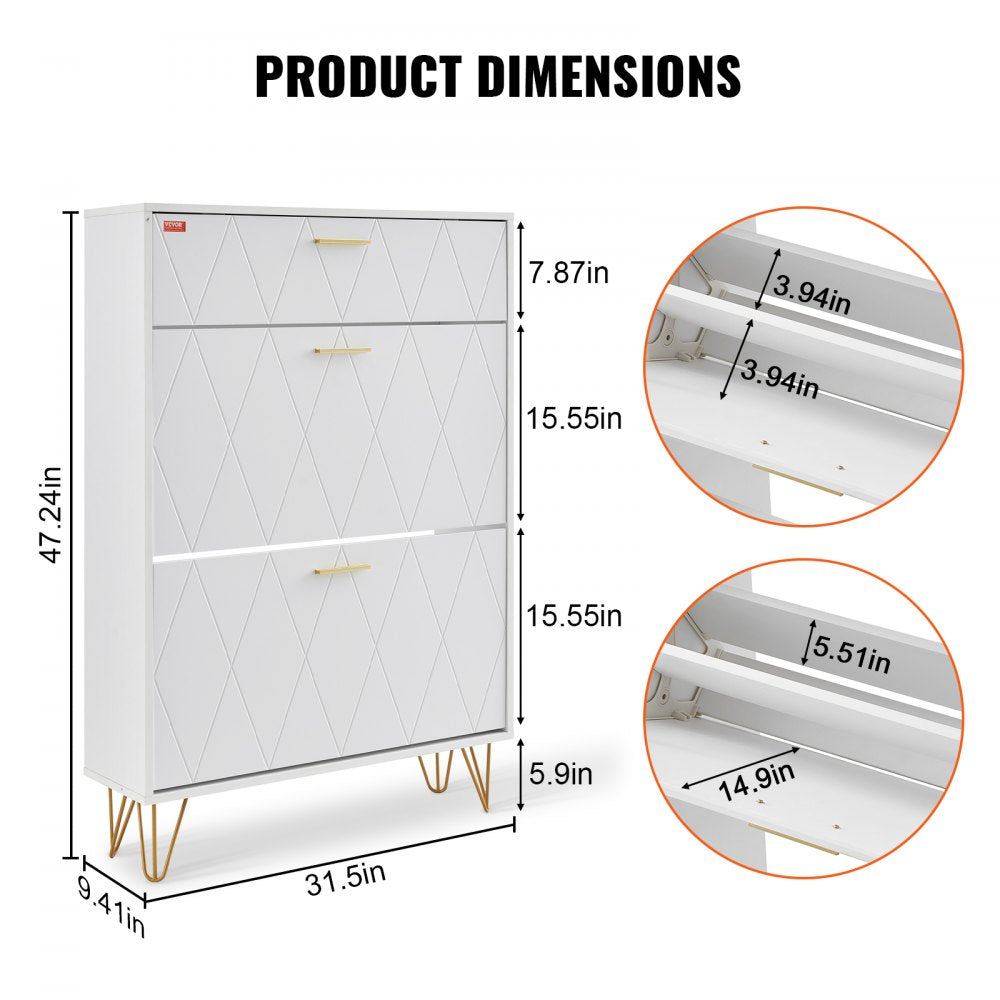 VEVOR Shoe Cabinet with 3 Flip Drawers, Shoe Storage Cabinet for Entryway, Free Standing Shoe Storage Organizer for
