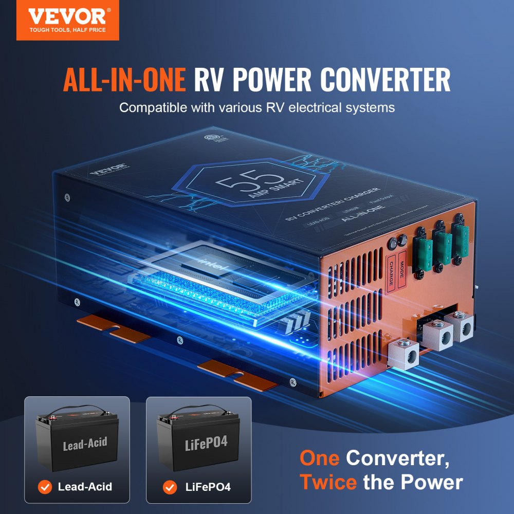 VEVOR RV Converter, 55 Amp, 110V AC to 12V DC RV Power Converter Battery Charger with 4 Stage Smart Charging 13V to