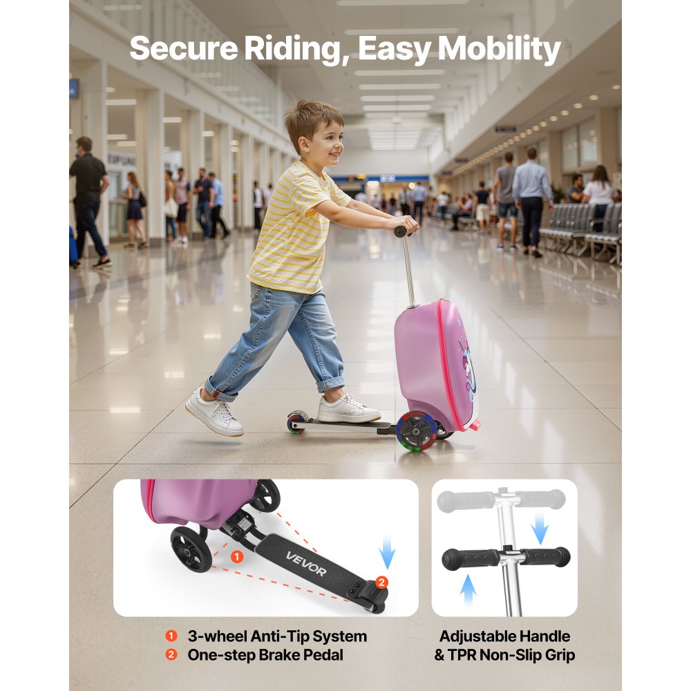 VEVOR Ride-on Luggage, 20 L Capacity, 20 Inches Kids Scooter Suitcase with Flash PU Wheels, Adjustable Handle & TPR