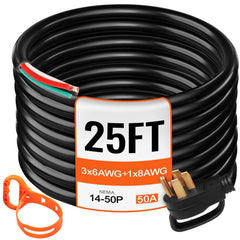 VEVOR 25' 50A RV Camp Power Cord Generator Cord 6/3 + 8/1 AWG NEMA 14-50P to Bare Wire - 25 ft