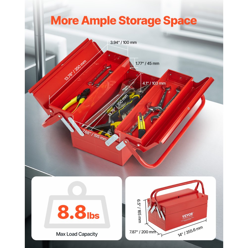 VEVOR Metal Tool Box, 14-inch, 2-Tier 3-Tray Portable Folding Tool Chest Organizer with Handle & Lock Hole, Powder