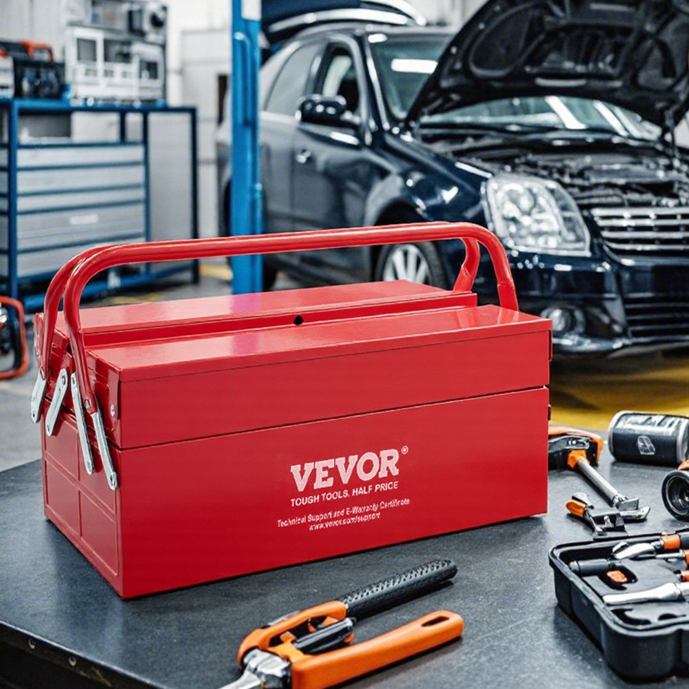 VEVOR Metal Tool Box, 14-inch, 2-Tier 3-Tray Portable Folding Tool Chest Organizer with Handle & Lock Hole, Powder