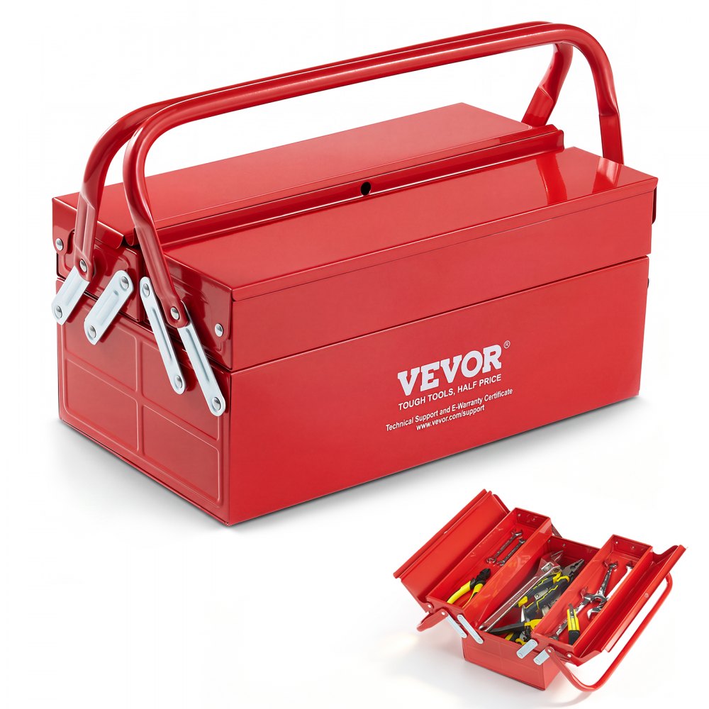 VEVOR Metal Tool Box, 14-inch, 2-Tier 3-Tray Portable Folding Tool Chest Organizer with Handle & Lock Hole, Powder