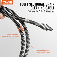 VEVOR Drain Cleaning Cable 100 FT x 5/8 Inch, Professional Sectional Drain Cleaner Cable with 7 Cutters for 0.8" to