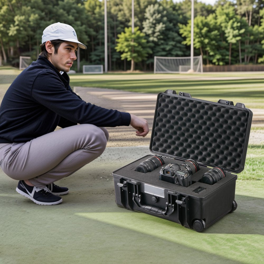 VEVOR Weatherproof Hard Case, Heavy Duty Protective Dry Box Case with Pre-cut Foam, Wheels & Retractable Pull Handles