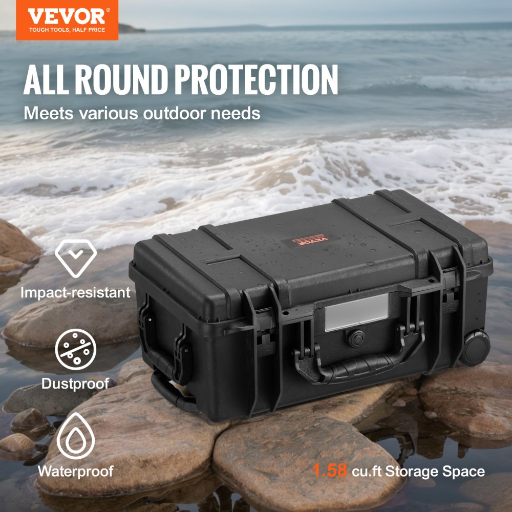 VEVOR Weatherproof Hard Case, Heavy Duty Protective Dry Box Case with Pre-cut Foam, Wheels & Retractable Pull Handles
