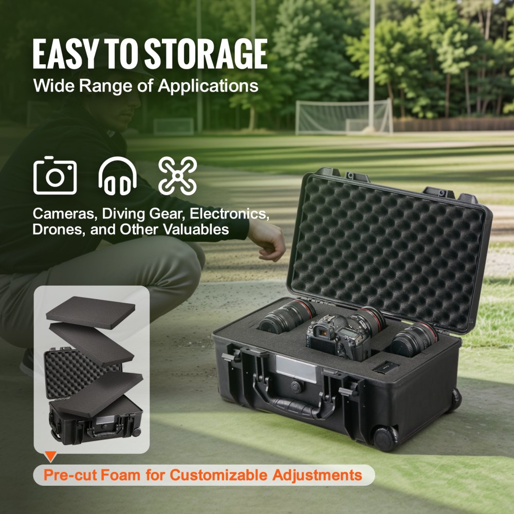 VEVOR Weatherproof Hard Case, Heavy Duty Protective Dry Box Case with Pre-cut Foam, Wheels & Retractable Pull Handles