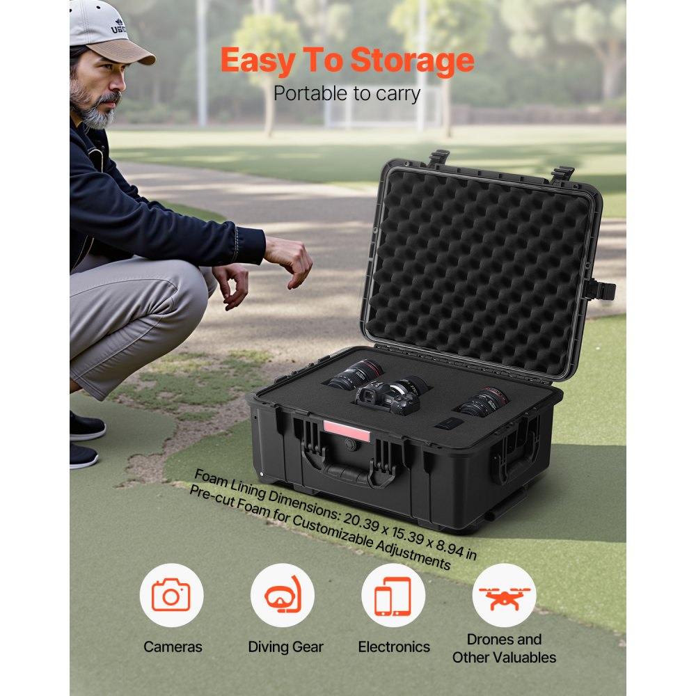 VEVOR Weatherproof Hard Case, Heavy Duty Protective Dry Box Case with Pre-Cut Foam, Wheels & Retractable Pull Handles