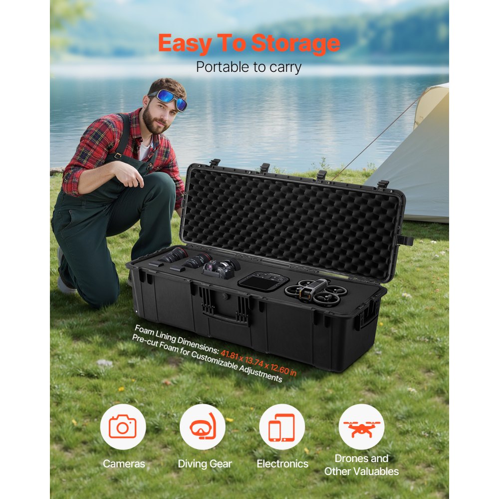 VEVOR Weatherproof Hard Case, Heavy Duty Protective Dry Box Case with Pre-Cut Foam & Retractable Pull Handles for