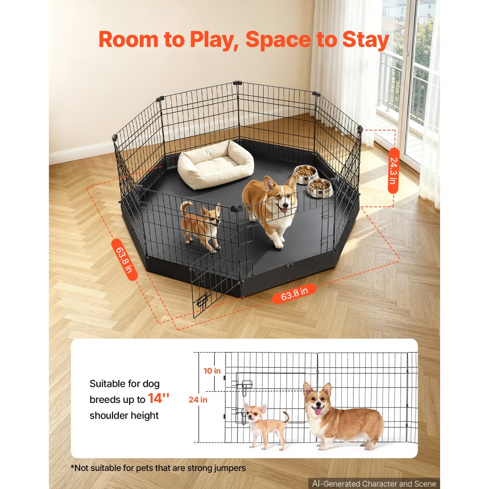 VEVOR Dog Playpen 24 Inch 8 Panels Heavy Duty Exercise Pen with Bottom Pad, Indoor Foldable Metal Pet Fence with Door