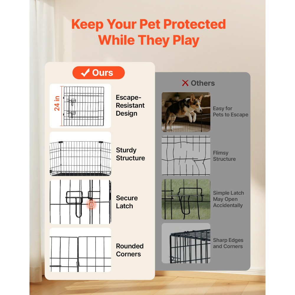 VEVOR Dog Playpen 24 Inch 8 Panels Heavy Duty Exercise Pen with Bottom Pad, Indoor Foldable Metal Pet Fence with Door