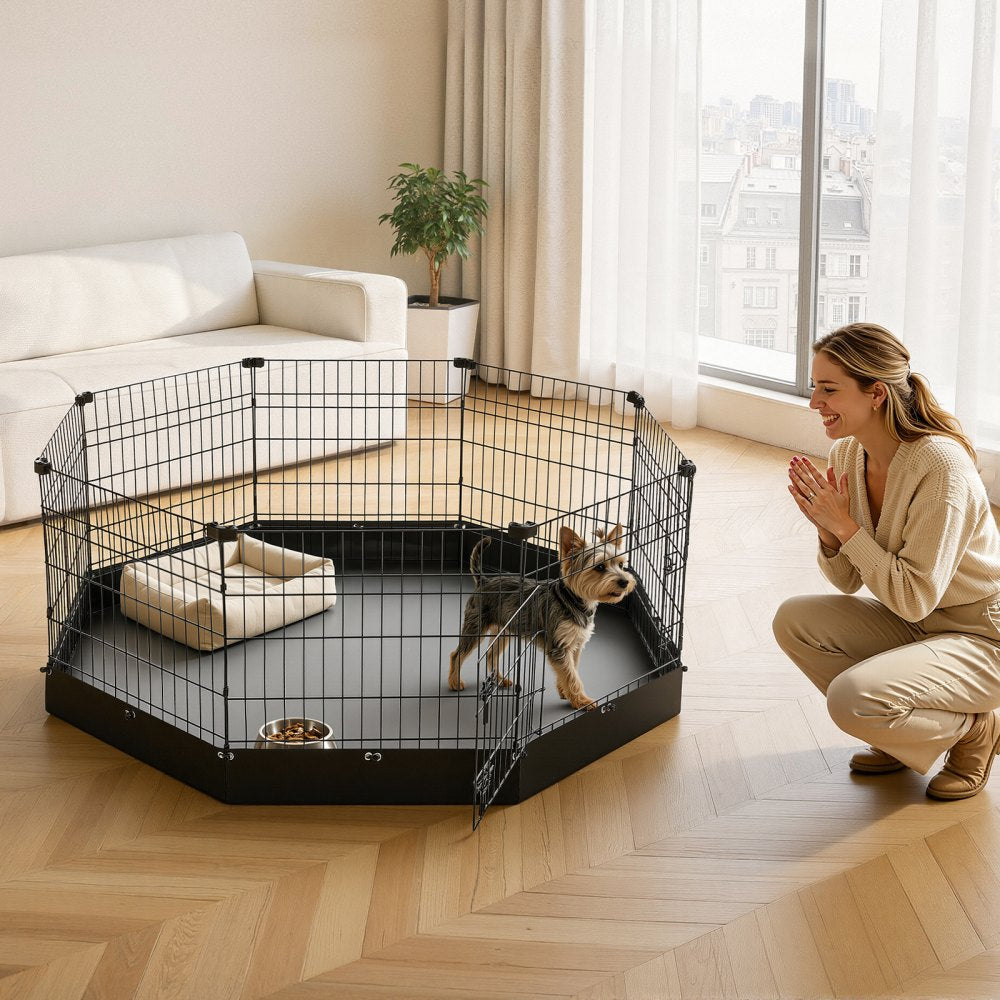 VEVOR Dog Playpen 24 Inch 8 Panels Heavy Duty Exercise Pen with Bottom Pad, Indoor Foldable Metal Pet Fence with Door