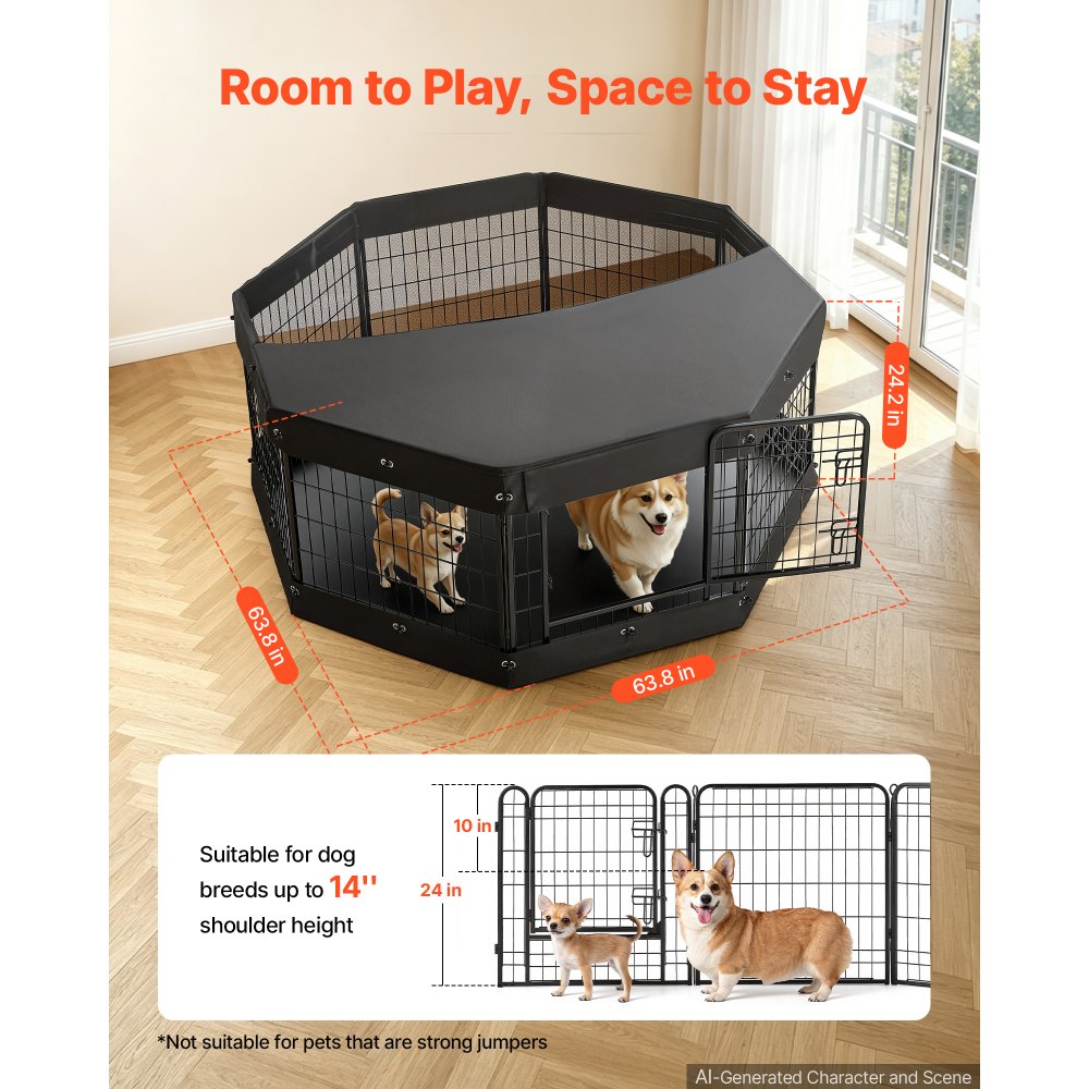 VEVOR Dog Playpen 24 Inch 8 Panels Heavy Duty with Top Cover & Bottom Pad, Indoor Foldable Metal Exercise Pen Pet Fence