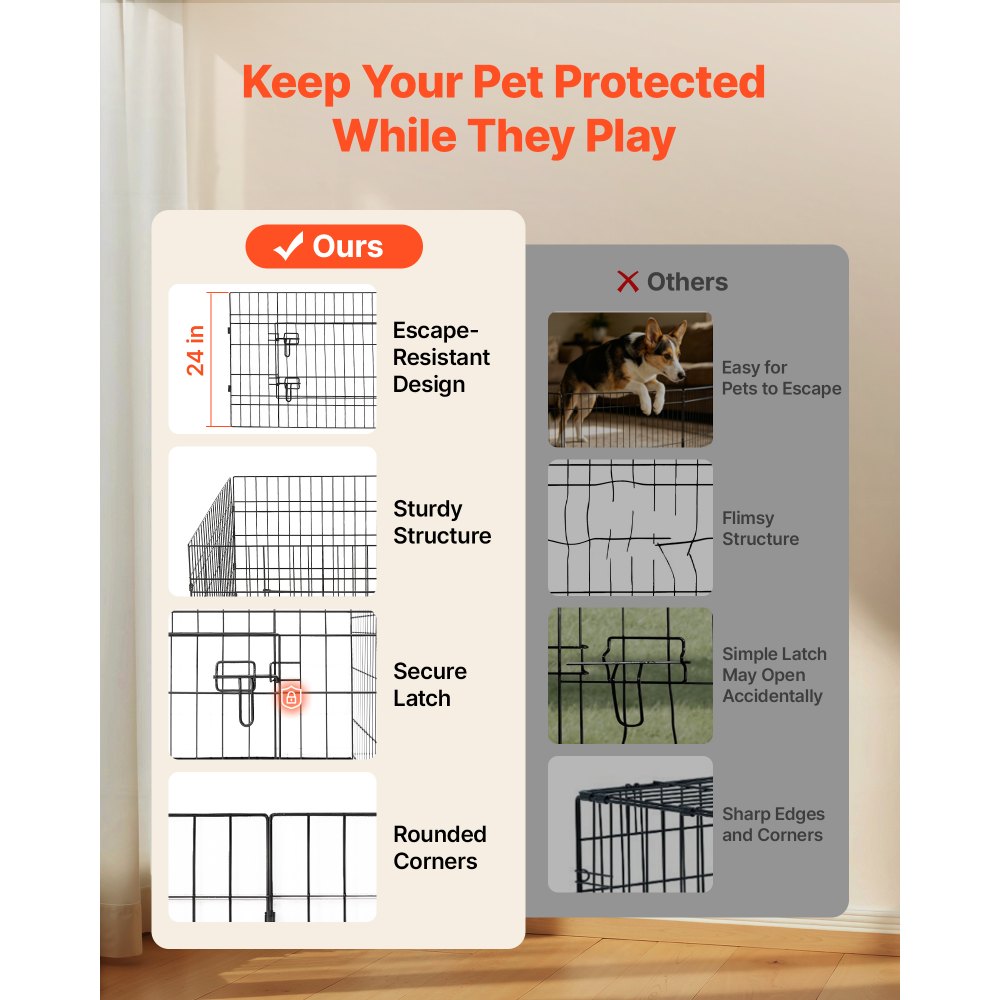 VEVOR Dog Playpen 24 Inch 8 Panels Heavy Duty with Top Cover & Bottom Pad, Indoor Foldable Metal Exercise Pen Pet Fence