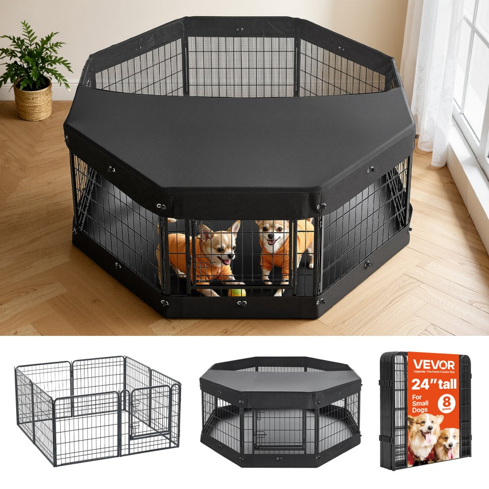 VEVOR Dog Playpen 24 Inch 8 Panels Heavy Duty with Top Cover & Bottom Pad, Indoor Foldable Metal Exercise Pen Pet Fence