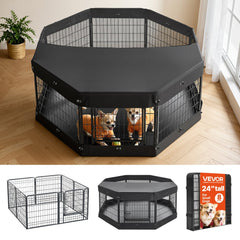 VEVOR Dog Playpen 24 Inch 8 Panels Heavy Duty with Top Cover & Bottom Pad, Indoor Foldable Metal Exercise Pen Pet Fence