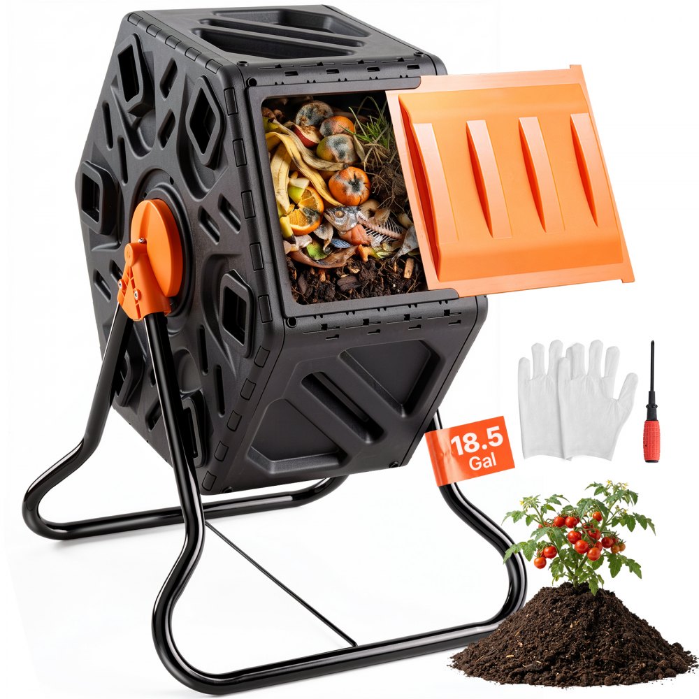 VEVOR Compost Bin, 18.5-Gal Composting Tumbler, Compact Single Rotating Chamber with Sliding Door and Steel Frame, BPA
