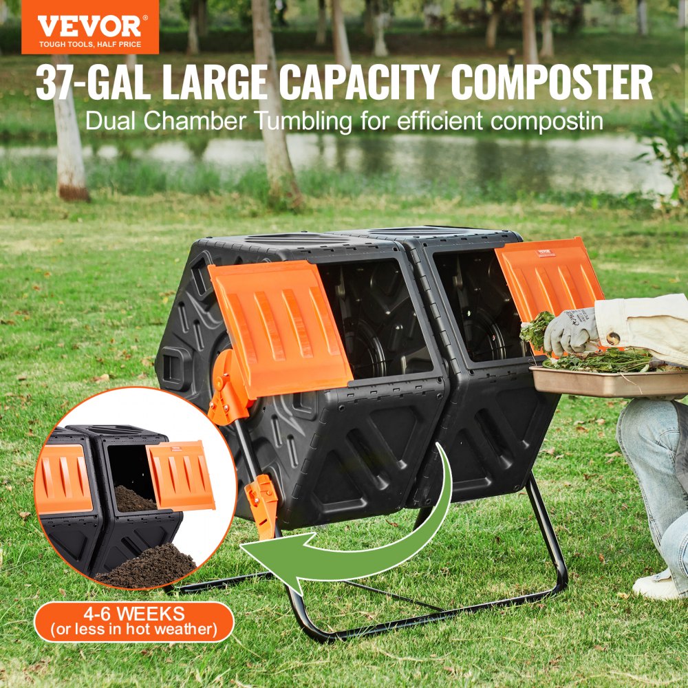 VEVOR Compost Bin, 37-Gal Dual Chamber Composting Tumbler, High Volume Two Rotating Chambers with 2 Sliding Door and