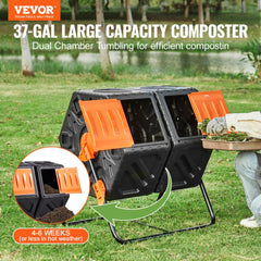 VEVOR Compost Bin, 37-Gal Dual Chamber Composting Tumbler, High Volume Two Rotating Chambers with 2 Sliding Door and