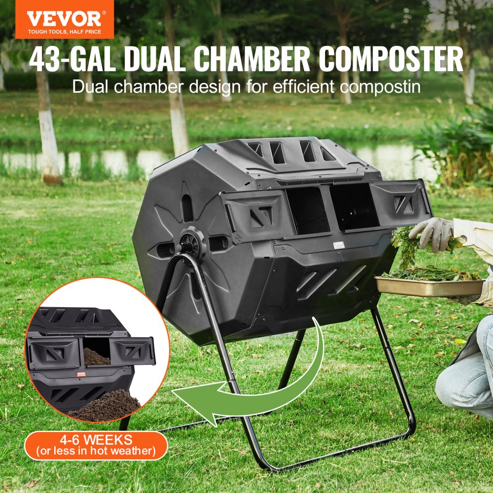 VEVOR Compost Bin, 43-Gal Dual Chamber Composting Tumbler, Large Tumbling Rotating Composter with 2 Sliding Doors and
