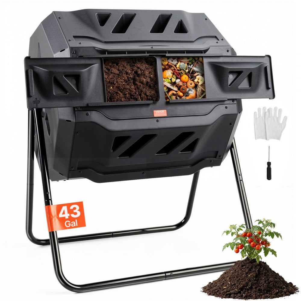 VEVOR Compost Bin, 43-Gal Dual Chamber Composting Tumbler, Large Tumbling Rotating Composter with 2 Sliding Doors and