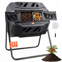 VEVOR Compost Bin, 43-Gal Dual Chamber Composting Tumbler, Large Tumbling Rotating Composter with 2 Sliding Doors and