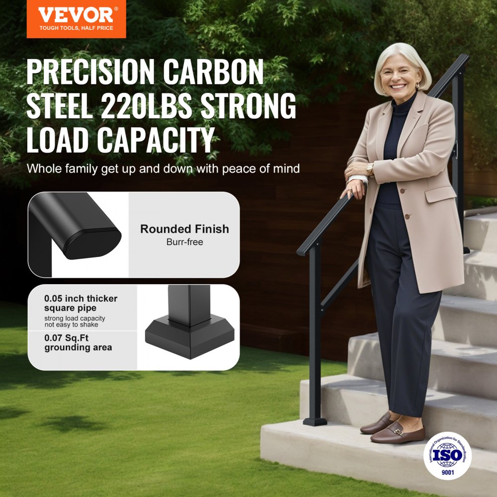 VEVOR Handrails for Outdoor Steps, 4-5 Step Stair Hand Rail Kit, Transitional Carbon Steel Railings with Installation