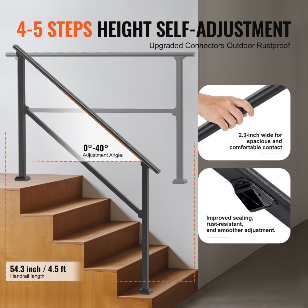 VEVOR Handrails for Outdoor Steps, 4-5 Step Stair Hand Rail Kit, Transitional Carbon Steel Railings with Installation