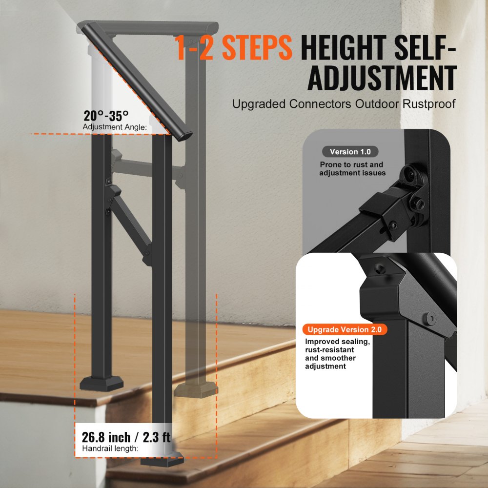 VEVOR Handrails for Outdoor Steps, 1-2 Step Stair Hand Rail Kit, Transitional Carbon Steel Railings with Installation