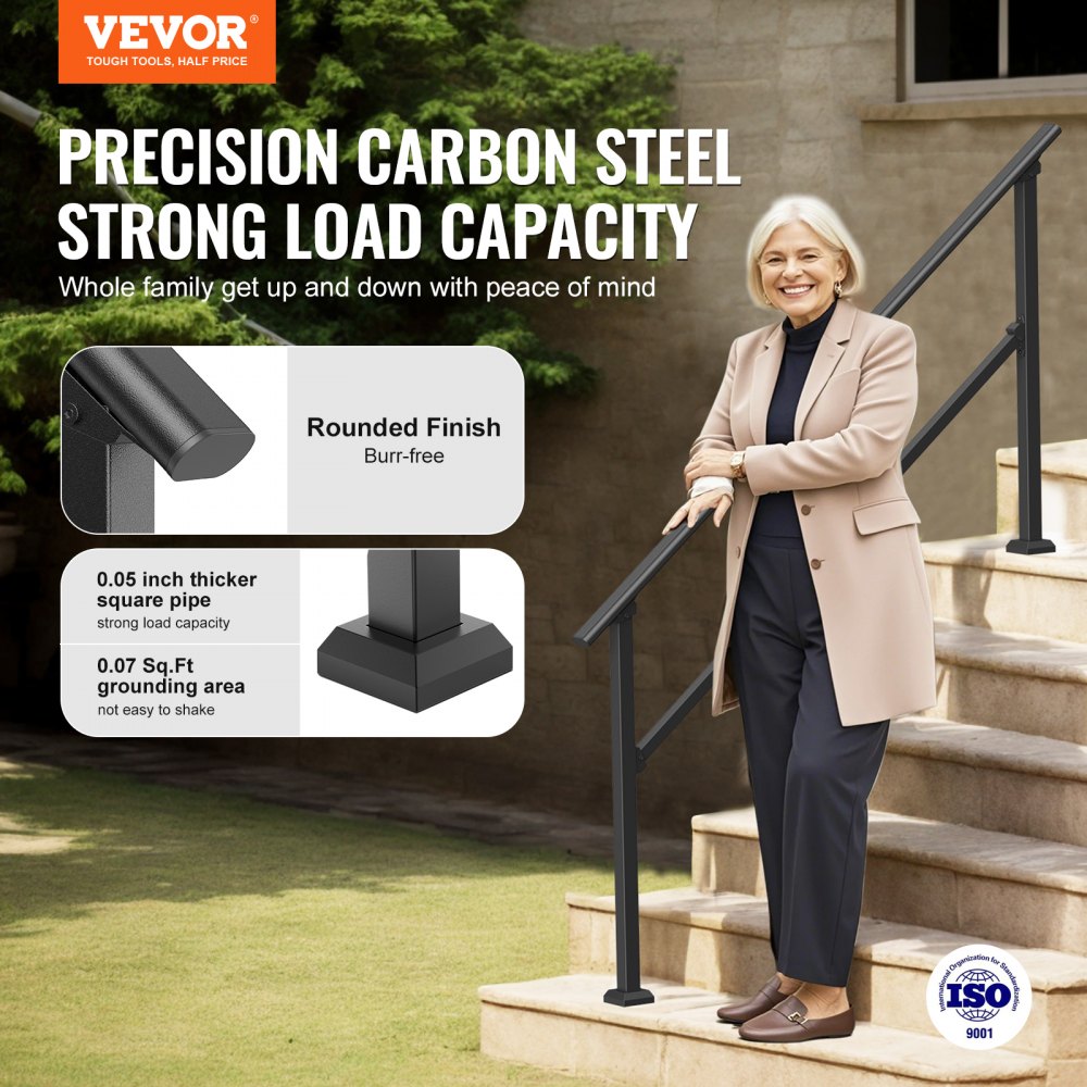 VEVOR Handrails for Outdoor Steps, 5 Step Stair Hand Rail Kit, Transitional Carbon Steel Railings with Installation