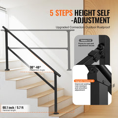 VEVOR Handrails for Outdoor Steps, 5 Step Stair Hand Rail Kit, Transitional Carbon Steel Railings with Installation